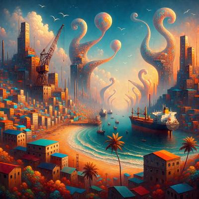 The primary subject of the image is a cityscape with a beach and a body of water. The setting includes buildings, boats, and a beach with palm trees. The visual style is a painting, which creates a vibrant and lively atmosphere. The colors and mood are predominantly warm and inviting, with the presence of palm trees and the beach adding a sense of relaxation and leisure.